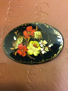Vintage Russian Floral Design Hand Painted Black Lacquered Pin Brooch Signed